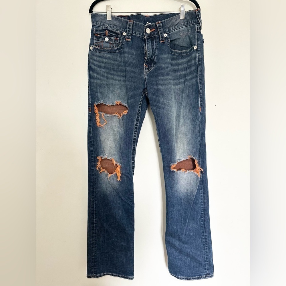 True Religion Men's 32 Orange & White Stitch Blue Straight Flap Horseshoe